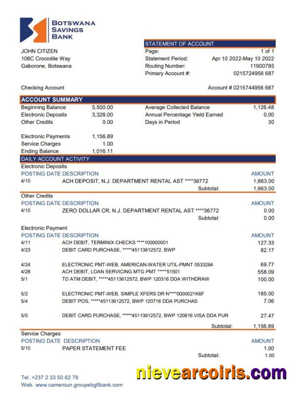 Botswana Savings Bank Statement